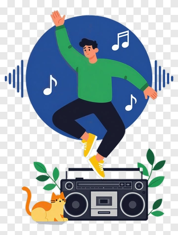 Young Man Dancing With A Boombox And Cat PNG