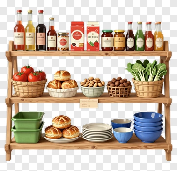 Wooden Shelf With Various Food Items And Containers PNG