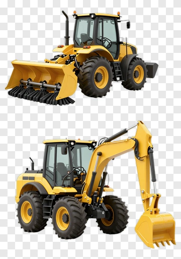 Yellow Backhoe Loader With Front Loader And Excavator Arm PNG
