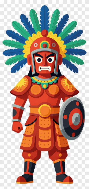 Cartoon Aztec Warrior With Shield And Feathered Headpiece PNG
