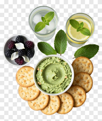 Guacamole Dip With Crackers And Refreshing Beverages PNG