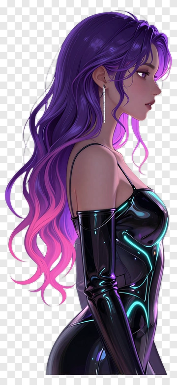 Stylish Woman With Purple Hair And Futuristic Outfit PNG