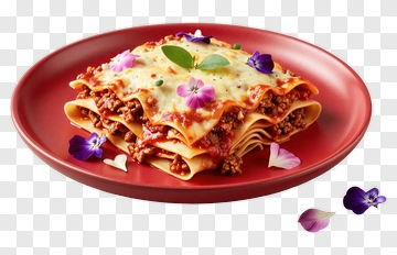Lasagna With Edible Flowers On A Red Plate PNG