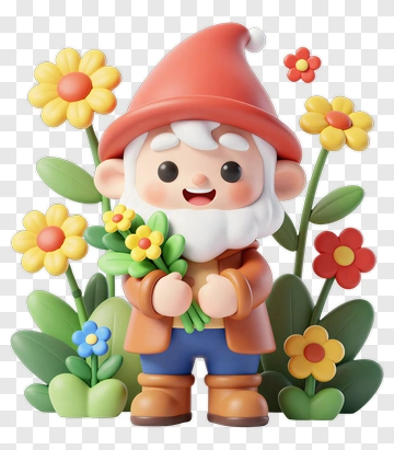 3D Gnome Holding Flowers PNG