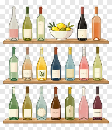 Colorful Wine Bottles On Wooden Shelves PNG