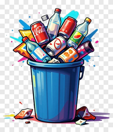 Colorful Trash Can Filled With Bottles And Snacks PNG