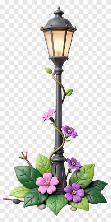 Vintage Lamp Post Surrounded By Colorful Flowers PNG