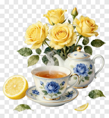 Tea Set With Yellow Roses And Lemon Slice PNG