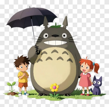 Cartoon Totoro With Children And Cat PNG