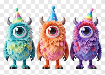 Colorful Cartoon Monsters Wearing Party Hats PNG
