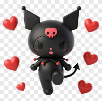 Kawaii Black Cat Character With Hearts PNG