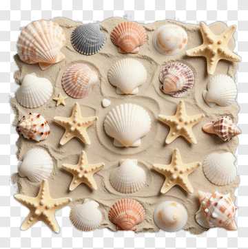 Collection Of Seashells And Starfish On Sand PNG