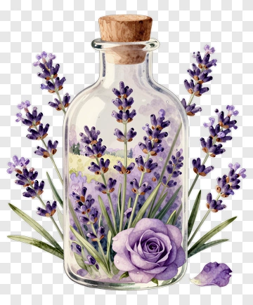 Glass Bottle With Lavender And Purple Rose PNG