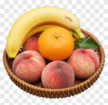 Fruit Basket With Bananas, Oranges, And Peaches PNG