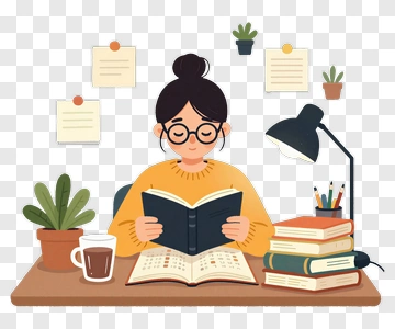 Woman Reading A Book At A Desk PNG