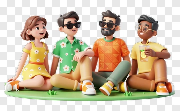 Cartoon Friends Sitting Together On Grass PNG