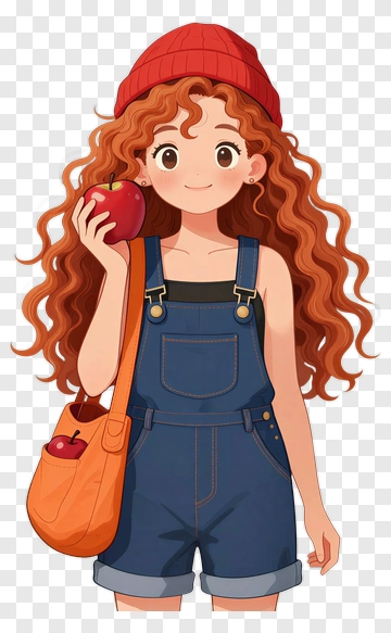 Girl Holding An Apple In Overalls PNG