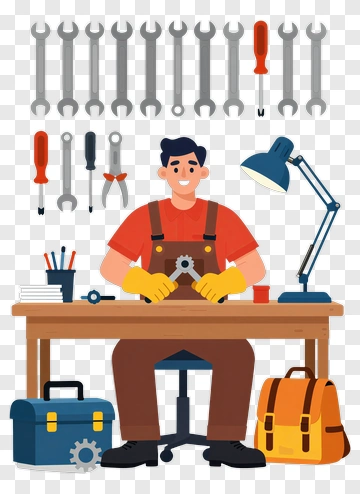 Cartoon Mechanic Working At A Desk PNG