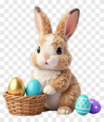 Easter Bunny Holding A Basket Of Colorful Eggs PNG