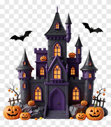 Halloween Castle With Pumpkins And Bats PNG