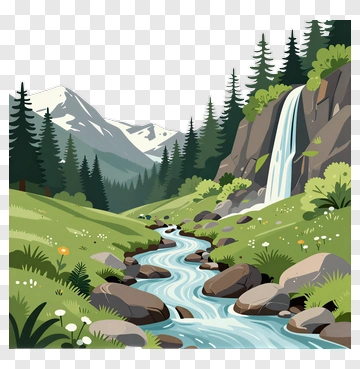 Mountain Stream With Waterfall And Pine Trees PNG