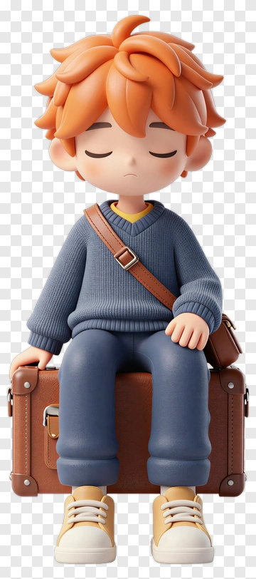 3D Boy Sitting On A Brown Suitcase PNG