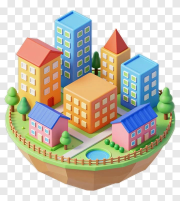 Colorful 3D Cityscape With Buildings And Trees PNG