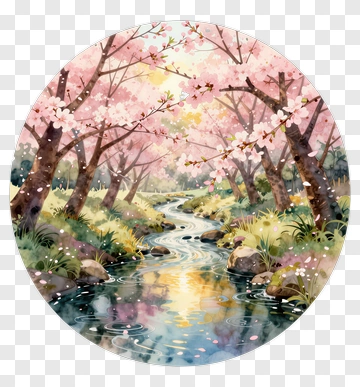Serene Cherry Blossom Landscape With A Flowing Stream PNG