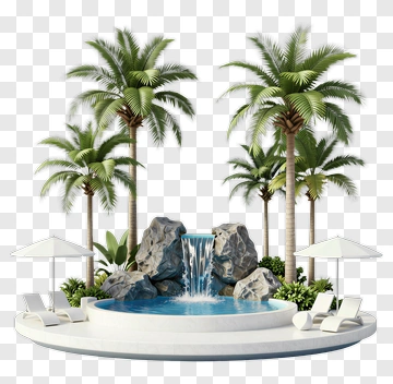Tropical Pool With Waterfall And Palm Trees PNG