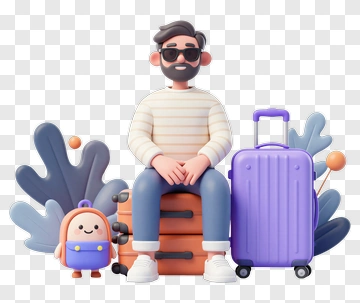 3D Man Sitting Beside Luggage And Toy PNG