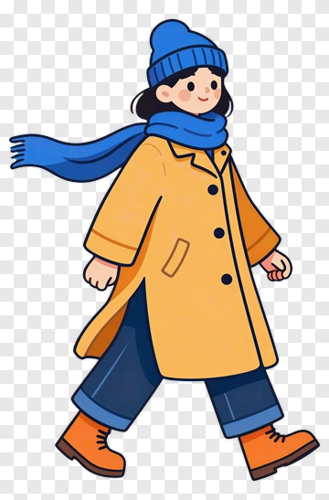 Cartoon Woman Walking In A Yellow Coat PNG