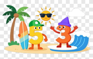 Cartoon Numbers At The Beach With Surfboard And Waves PNG