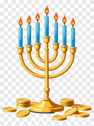 Menorah With Blue Candles And Gold Coins PNG