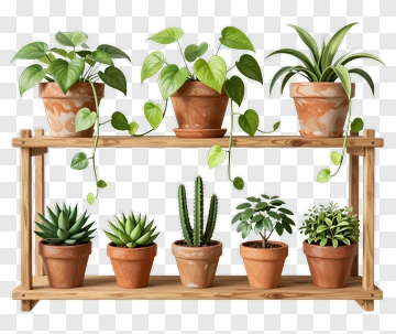 Potted Plants On Wooden Shelf PNG