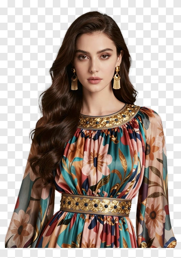 Woman In Floral Dress With Earrings PNG