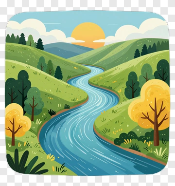 River Flowing Through A Lush Green Landscape PNG
