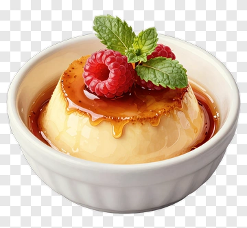Caramel Flan With Raspberries And Mint PNG