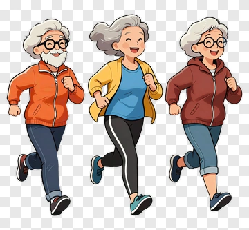 Cartoon Seniors Running Together PNG