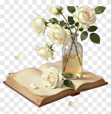 Open Book With White Roses In A Glass Vase PNG