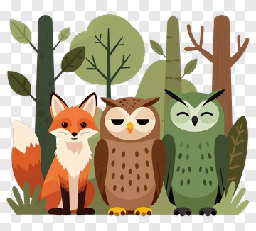 Cartoon Fox And Owls In A Forest PNG