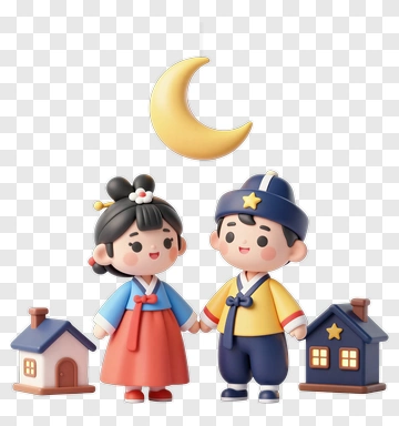 Cartoon Couple In Traditional Hanbok With Houses PNG