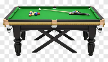 Pool Table With Balls And Cue Stick PNG