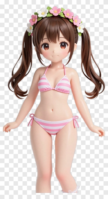 3D Girl In Pink Striped Bikini With Flower Crown PNG