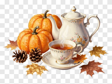 Autumn Tea Set With Pumpkins And Pine Cones PNG
