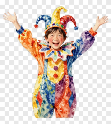 Colorful Clown Child Smiling With Arms Raised PNG