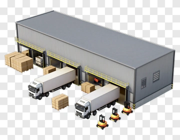Warehouse With Delivery Trucks And Forklifts PNG