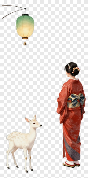 Woman In Kimono Standing Beside A White Deer PNG