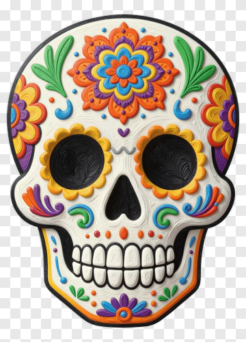 Colorful Sugar Skull With Floral Decorations PNG