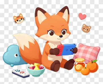 Cartoon Fox Playing Video Game With Snacks PNG