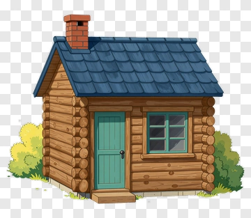 Cartoon Log Cabin With Blue Roof PNG